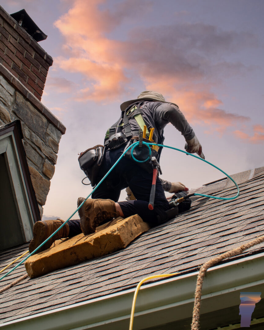 Roofer working safely on a roof wearing a personal fall arrest system (PFAS)