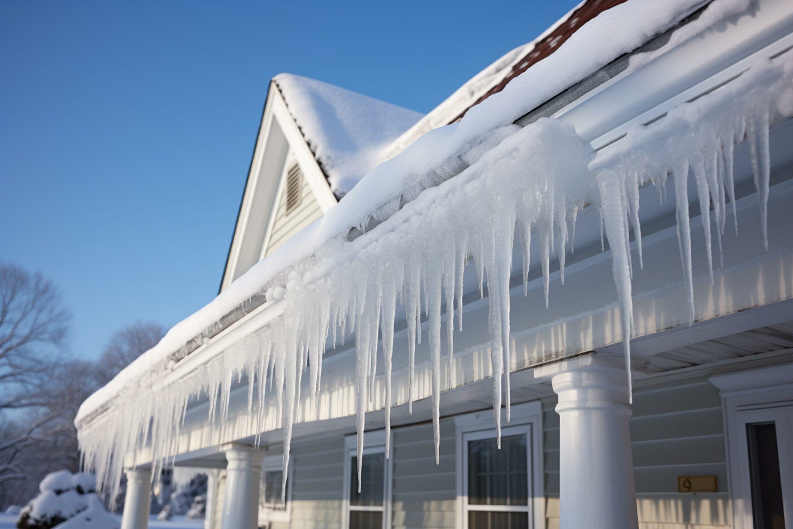 White house with icicles and ice dams in gutters