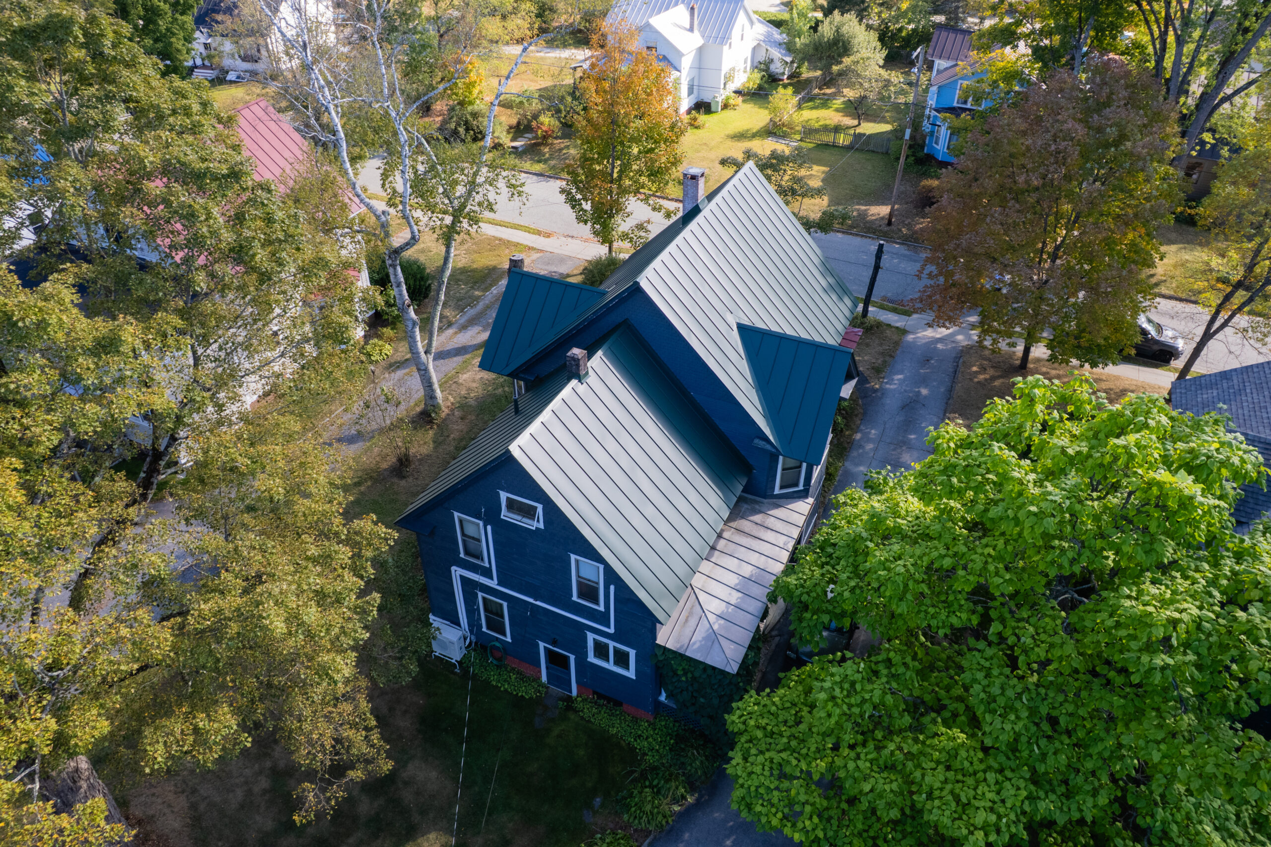 single family home with gray metal roof surrounded by deciduous and evergreen trees